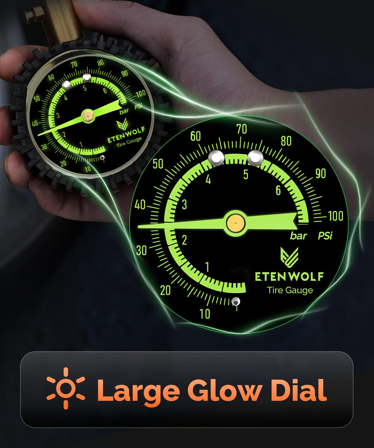 ETENWOLF Tire Pressure Gauge 0-100 PSI, ANSI B40.1 Grade A Accurate Tire Gauges for Tire Pressure with Large Glow Dial, Air Pressure Gauge for Tires, Car Accessories
