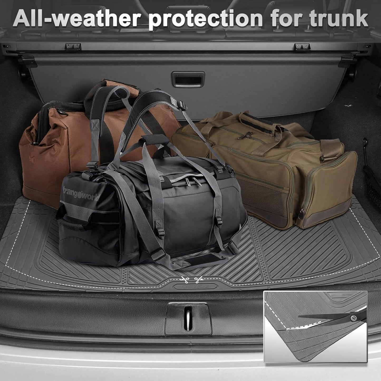 CAR PASS Rubber Floor Mats, All Weather Waterproof Trim-to-Fit Automotive Mats for Cars Trucks SUV, Anti-Slip Easy Clean, Heavy Duty Full Set 3-Piece, All Black