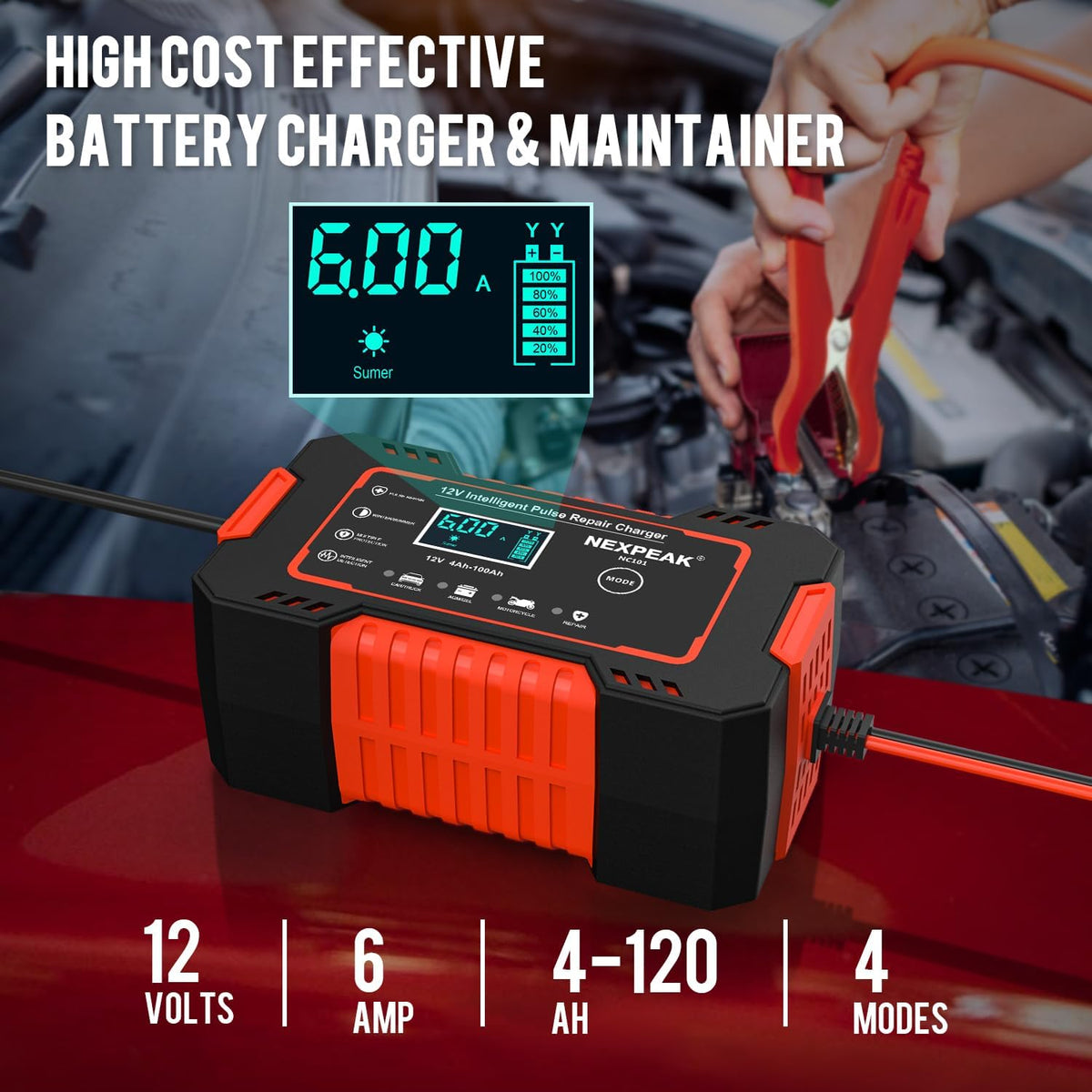 Car Battery Charger, 12V 6A Smart Battery Trickle Charger Automotive Battery Maintainer Desulfator with Temperature Compensation for Car Truck Motorcycle Lawn Mower Boat Marine Lead Acid Batteries
