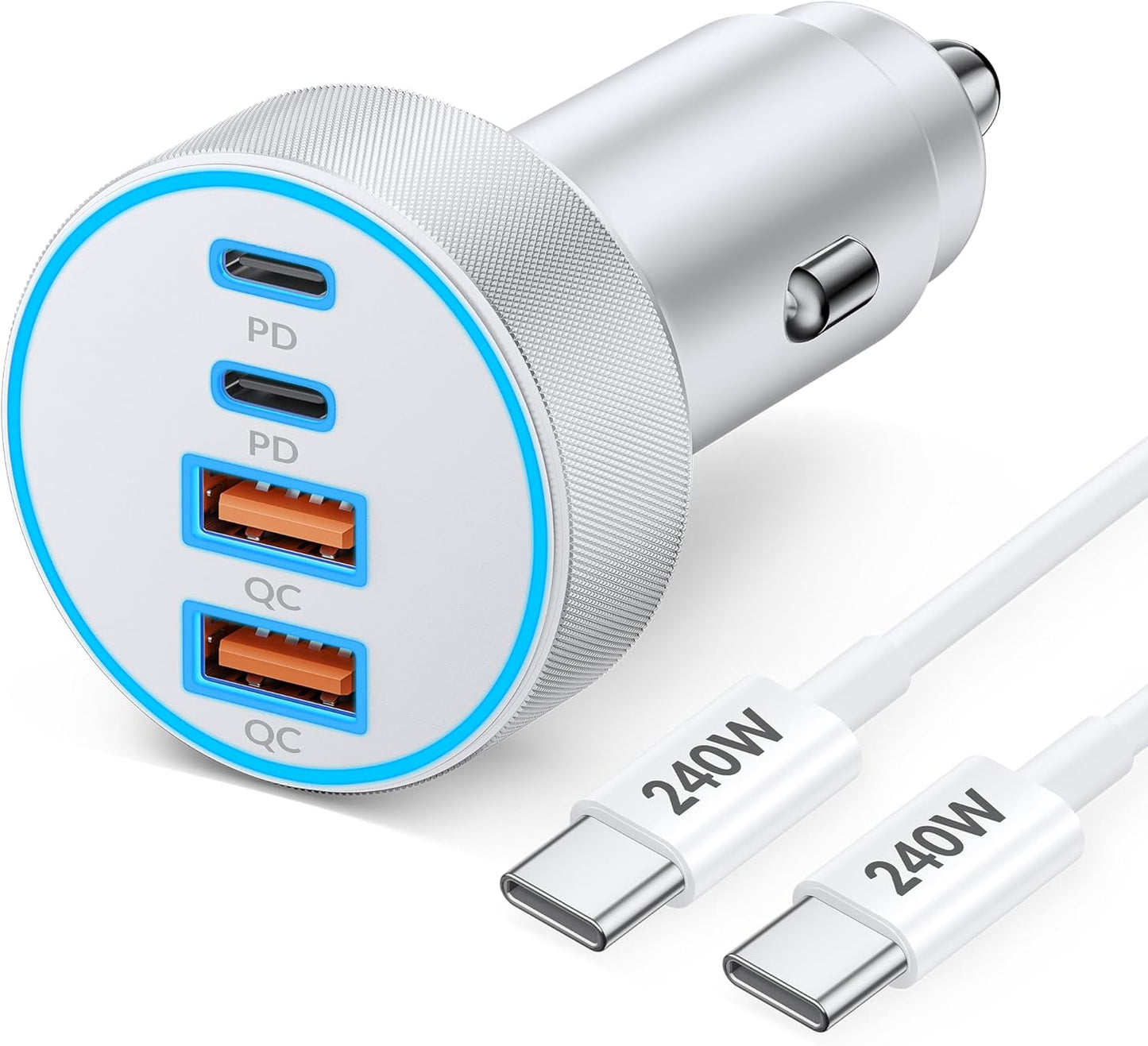 iPhone 17 16 15 Car Charger Fast Charging, 90W 4-Port USB C Fast Car Charger Cigarette Lighter Adapter with 240W 3FT USB-C Cable for iPhone 17/Air/17 Pro/17e/16/15 Pro Max/Plus/16e, iPad, Android