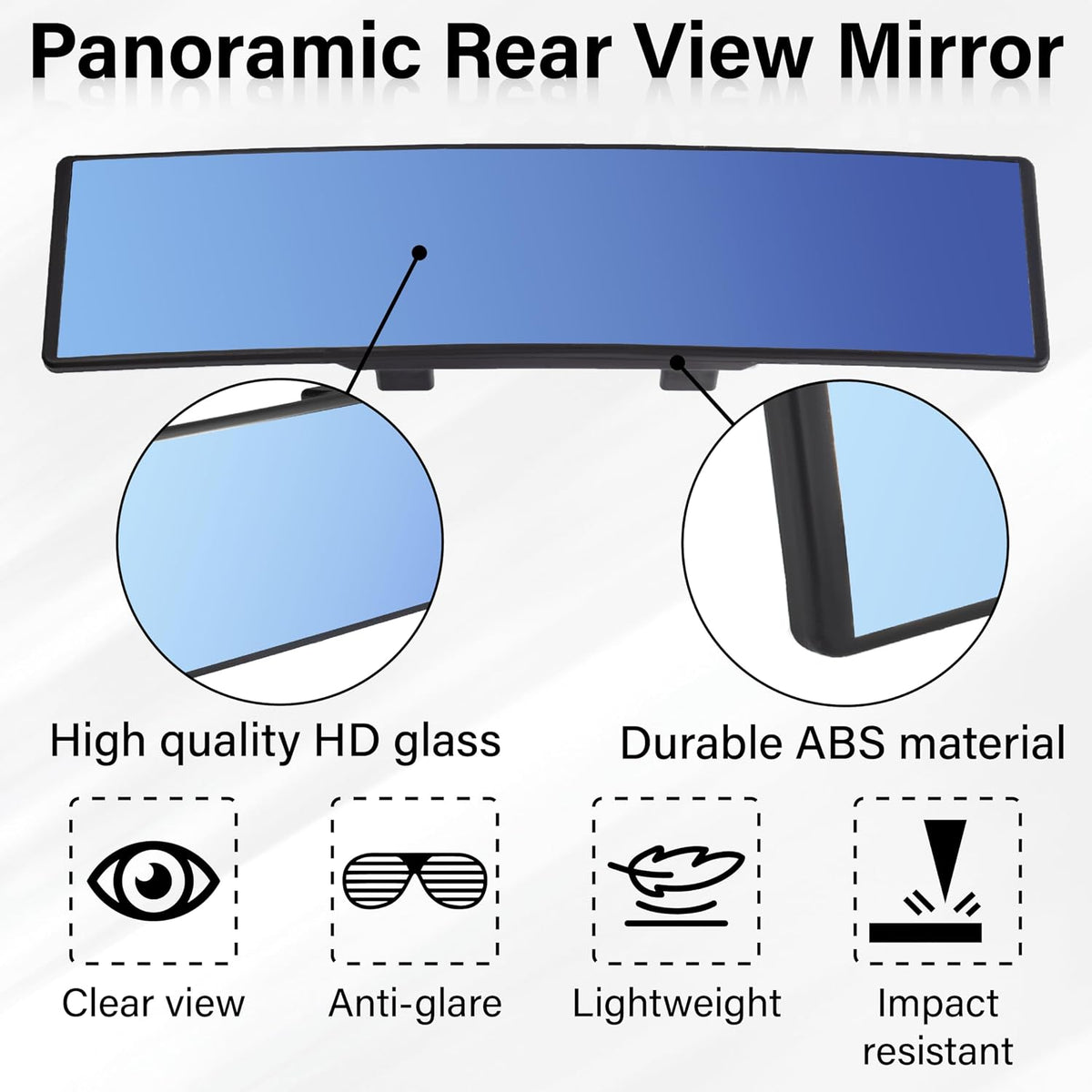 Rear View Mirror, Universal 11.4 Inch Interior Clip On Panoramic Convex Mirrors for Car Accessories, HD Anti Glare Wide Angle and Reduce Blind Spot, Extended Rear View Mirror for Cars, SUVs, Trucks