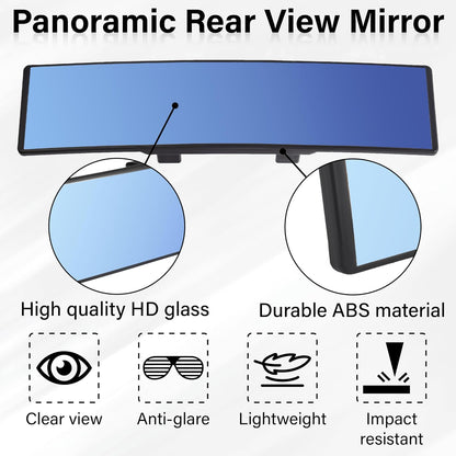 Rear View Mirror, Universal 11.4 Inch Interior Clip On Panoramic Convex Mirrors for Car Accessories, HD Anti Glare Wide Angle and Reduce Blind Spot, Extended Rear View Mirror for Cars, SUVs, Trucks