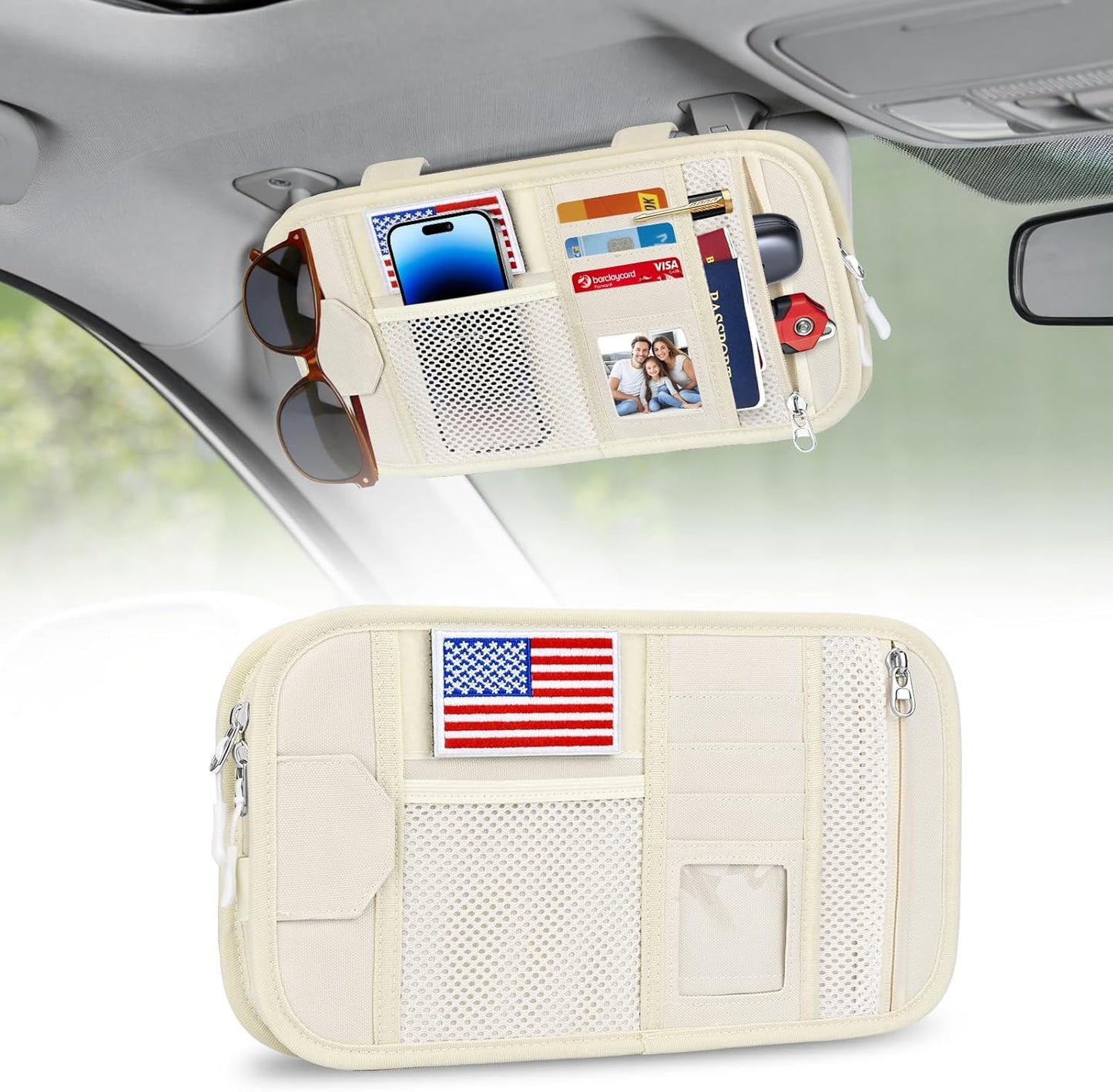 HUANLANG Car Sun Visor Organizer, Tactical Car Accessories with Zipper Storage Pouch, Glasses Clip Card Sleeve Pocket, Multi-Pocket Visor Organizer Fits Most Cars, SUVs, Trucks