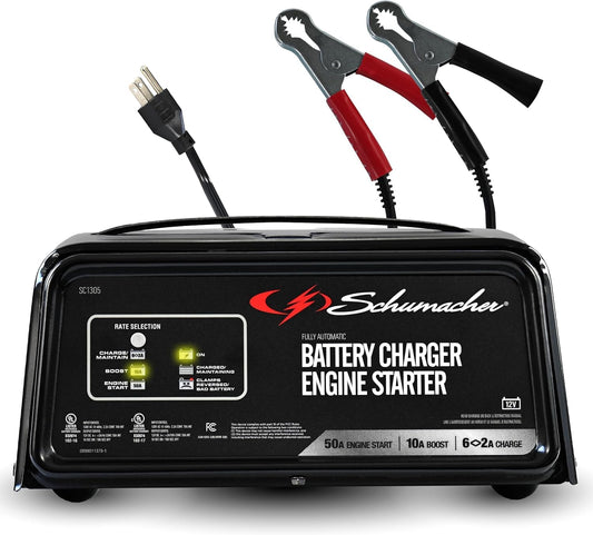Schumacher Electric 6A Car Battery Charger and 50A Engine Starter, 3-in-1 Solution, Maintainer, 10A Boost, for 12V Power Sport, Automotive, and Marine Batteries, SC1305