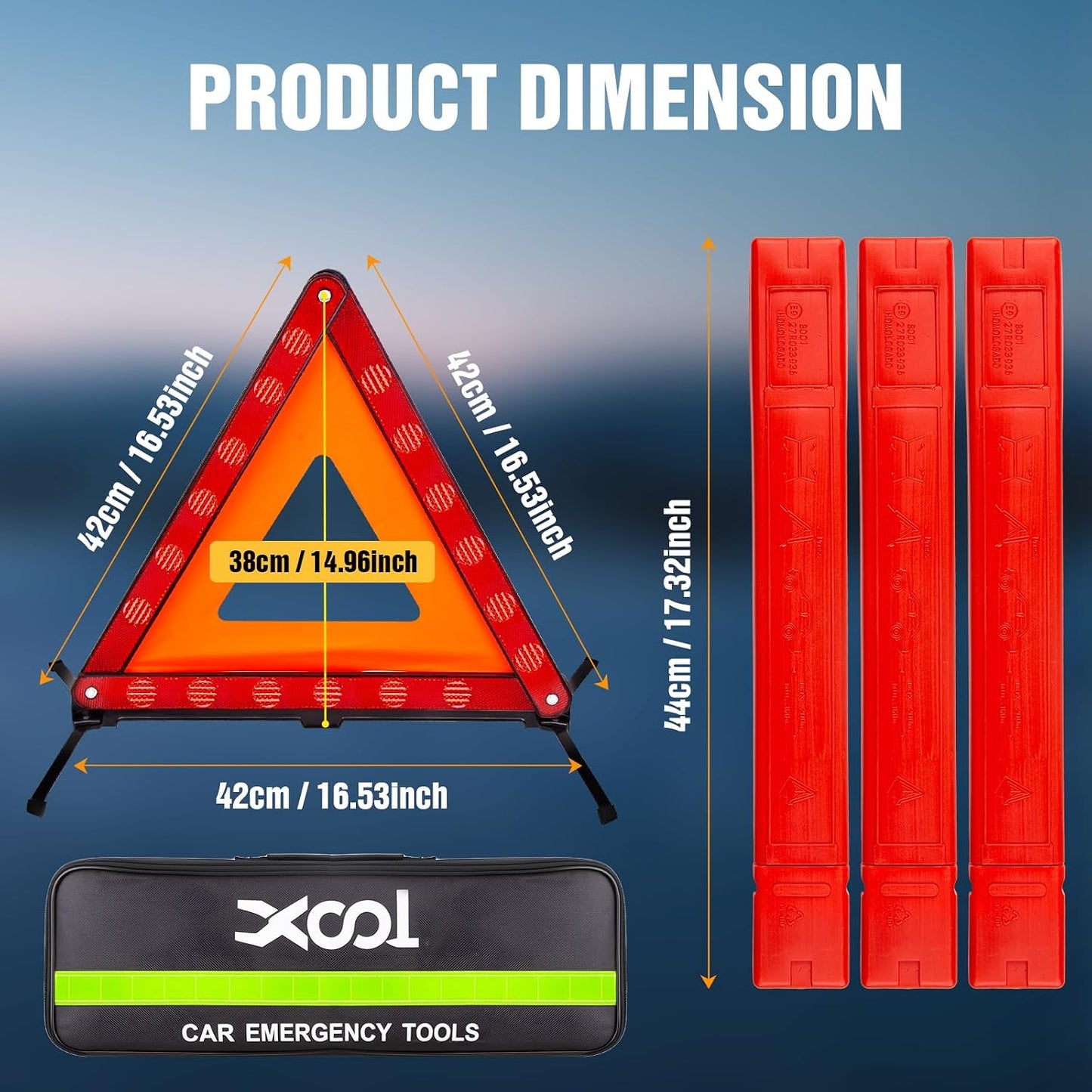 XOOL Emergency Warning Triangle Kit – Roadside Safety Kit with Reflective Warning Triangles, High-Visibility Safety Vests, Storage Bag & Gloves for Car Breakdowns & Emergencies
