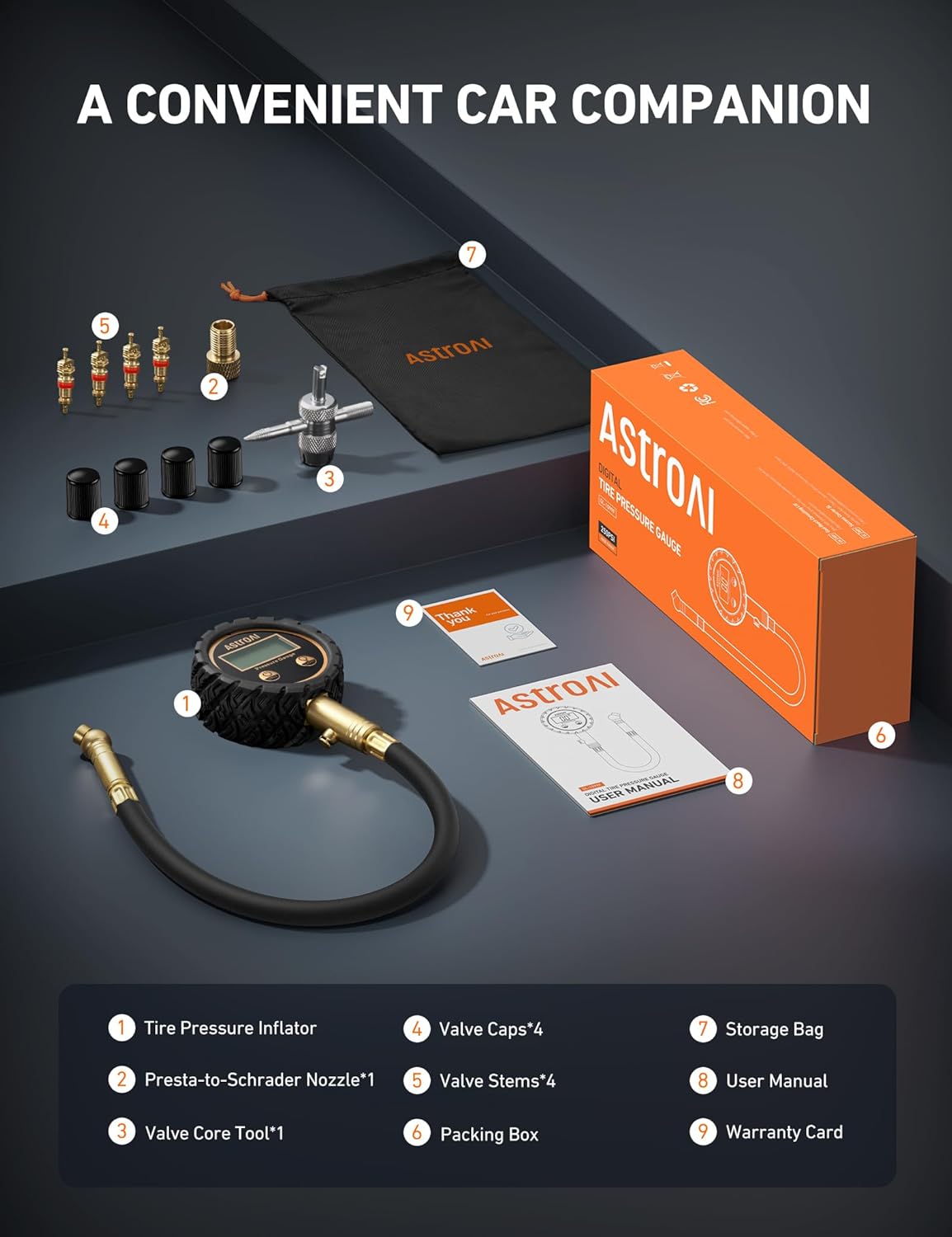 AstroAI Tire Pressure Gauge for Cars with Large 2" Dial, Solid Brass with Rubber Hose, Air Bleeder Valve, ANSI B40.1, 0-60PSI