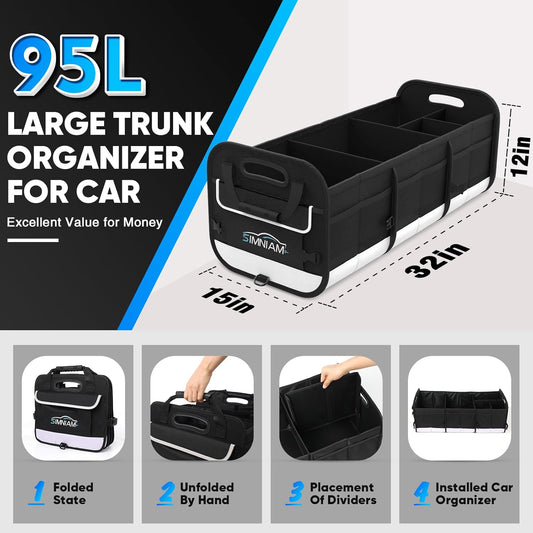 Simniam Large Trunk Organizer for Car, Foldable Multi Compartment Car Trunk Organizer with 2 Retractable Straps, Suitable for All Kinds of Cars, SUV, Minivan - 4 Compartments Red