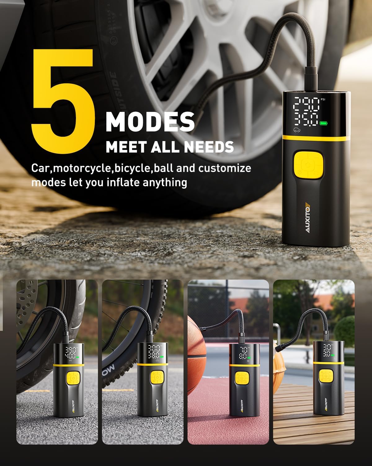 AUXITO Tire Inflator Portable Air Compressor - 150PSI Bike Pump 1Min Fast Inflate with Tire Pressure Gauge, 5200 mAh, LED Light, Car Accessories Air Pump for Auto, Moto, Bike Car Gifts for Men