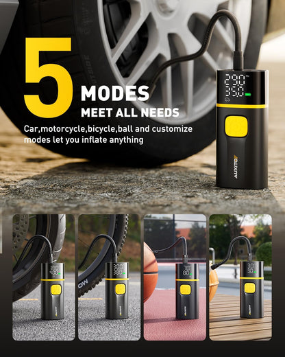 AUXITO Tire Inflator Portable Air Compressor - 150PSI Bike Pump 1Min Fast Inflate with Tire Pressure Gauge, 5200 mAh, LED Light, Car Accessories Air Pump for Auto, Moto, Bike Car Gifts for Men