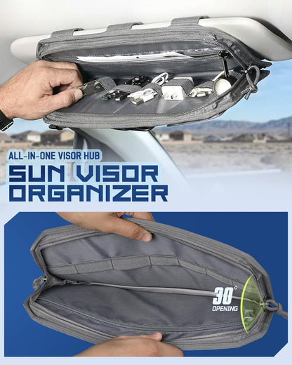 Molle Car Sun Visor Organizer with Zipper Storage Pouch & Glasses Holder, Auto Semi-Rigid MOLLE Panel for Police Gear & Overland Accessories, Fit Most Cars, Trucks, Patrols & Vans