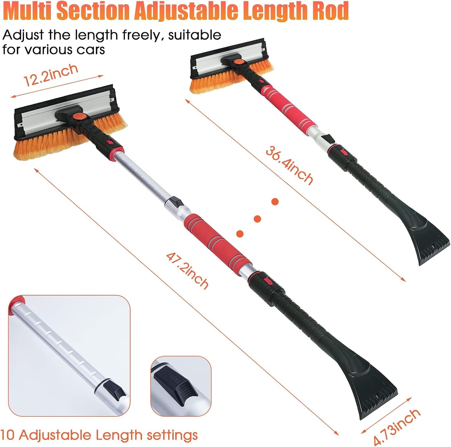 62.4" Snow Brush - Ice Scrapers for Car Windshield, 360°Pivoting Brush Head, Comfortable Foam Grip, Extendable Snow Removal Car Brush for Trucks SUVs, Essential Winter Tool