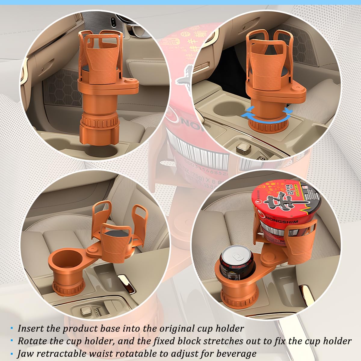 2 in 1 Car Cup Holder Expander, Multifunctional 360° Rotating Vehicle Cup Holder Adapter with Adjustable Base, Auto Interior Drinks Bottles Expander, Universal for Sedan RV Truck