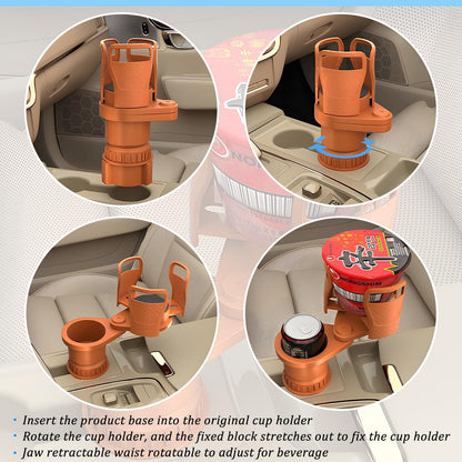 2 in 1 Car Cup Holder Expander, Multifunctional 360° Rotating Vehicle Cup Holder Adapter with Adjustable Base, Auto Interior Drinks Bottles Expander, Universal for Sedan RV Truck