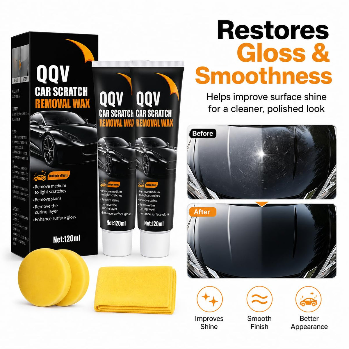 Car Scratch Remover Kit, Car Paint Scratch Repair for Light Scratches Swirl Marks Scuffs, Auto Scratch Remover with Sponge and Towel, Restores Gloss and Shine for All Paint Colors (2Pcs)