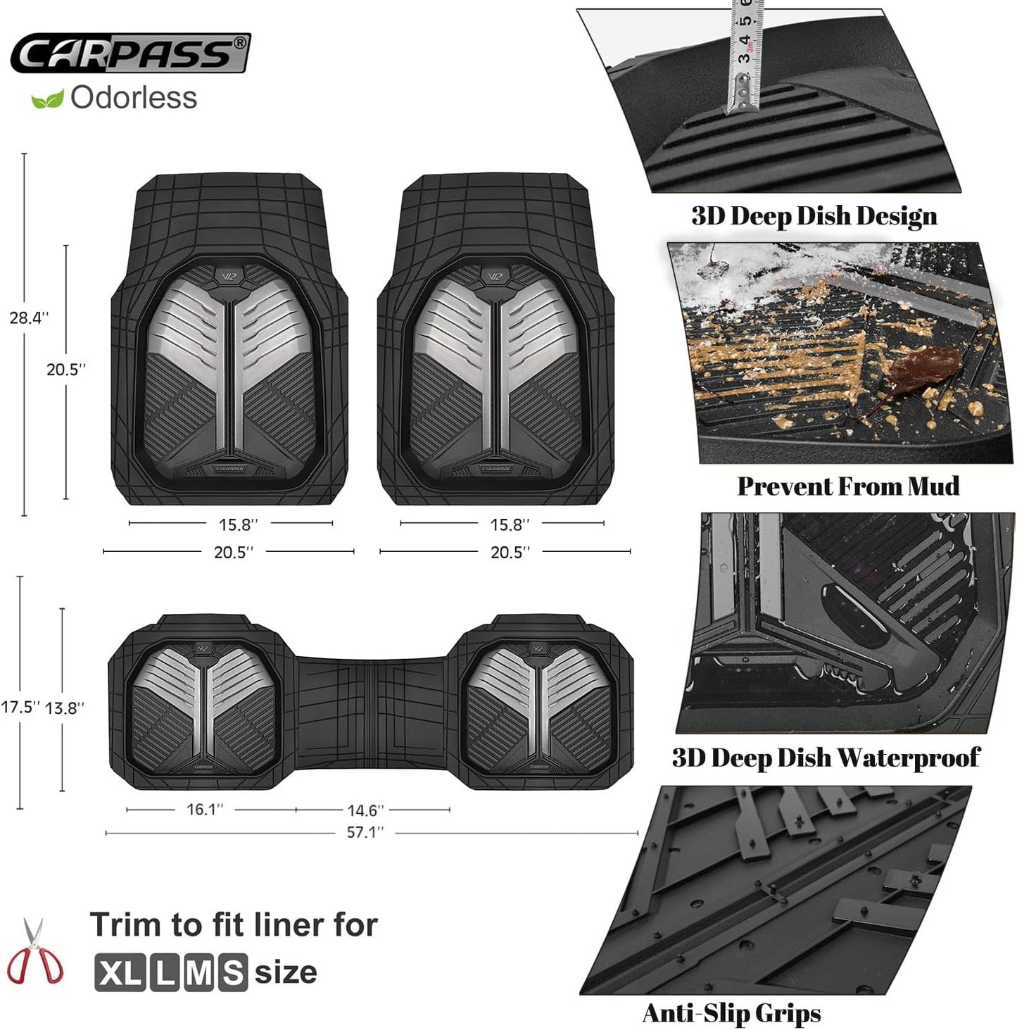 CAR PASS Heavy Duty Rubber Car Mats with Cargo Liner, Deep-Dish Car Floor Mats and Trunk Mat All Weather, Universal Trim-to-Fit for SUVs Trucks Sedans, Waterproof Anti-Slip, Trimmable V12 Black