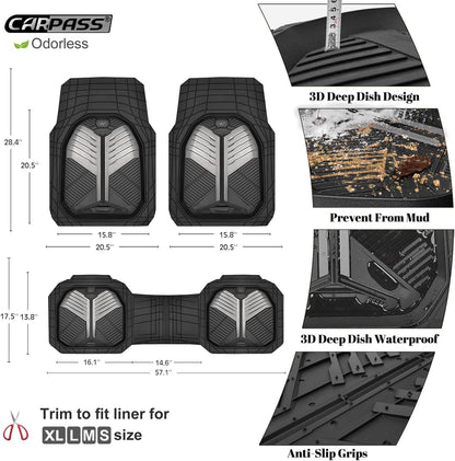 CAR PASS Heavy Duty Rubber Car Mats with Cargo Liner, Deep-Dish Car Floor Mats and Trunk Mat All Weather, Universal Trim-to-Fit for SUVs Trucks Sedans, Waterproof Anti-Slip, Trimmable V12 Black