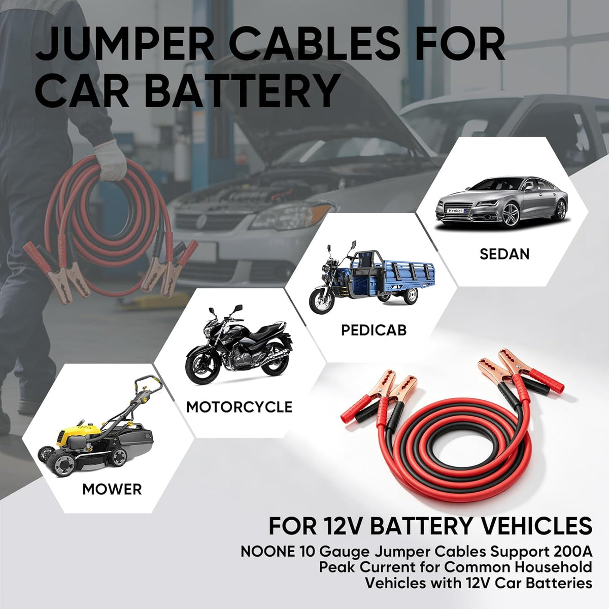 NOONE Jumper Cables for Car Battery, Heavy Duty Automotive Booster Cables for Jump Starting Dead or Weak Batteries (10-Feet)