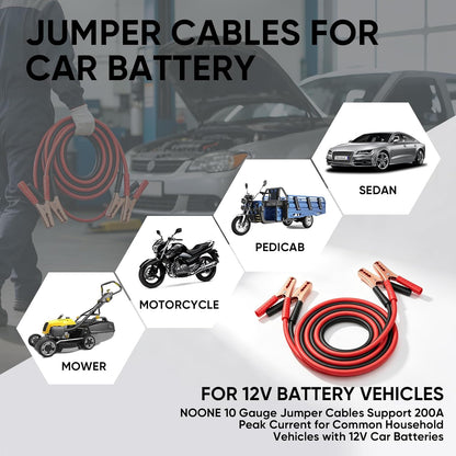 NOONE Jumper Cables for Car Battery, Heavy Duty Automotive Booster Cables for Jump Starting Dead or Weak Batteries (10-Feet)