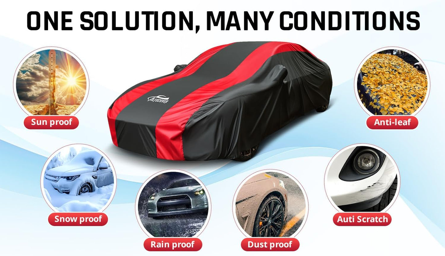 Car Cover Waterproof All Weather Protection with Red Stripe Design, Universal Fit Toyota Camry Solara, Ford Fusion, Kia Stinger Optima, Nissan Maxima, VW Passat, Subaru Legcy