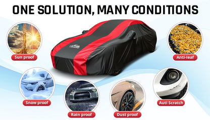 Car Cover Waterproof All Weather Protection with Red Stripe Design, Universal Fit Toyota Camry Solara, Ford Fusion, Kia Stinger Optima, Nissan Maxima, VW Passat, Subaru Legcy