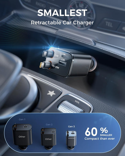 SUPERONE Retractable Car Charger for iPhone with Dual Type C Cables, 4 in 1 USB C Car Charger Adapter with 69W Fast Charging Compatible with iPhone 17 16 15 14 13 12 11 Pro/XS/XR/SE/iPad/Airpods