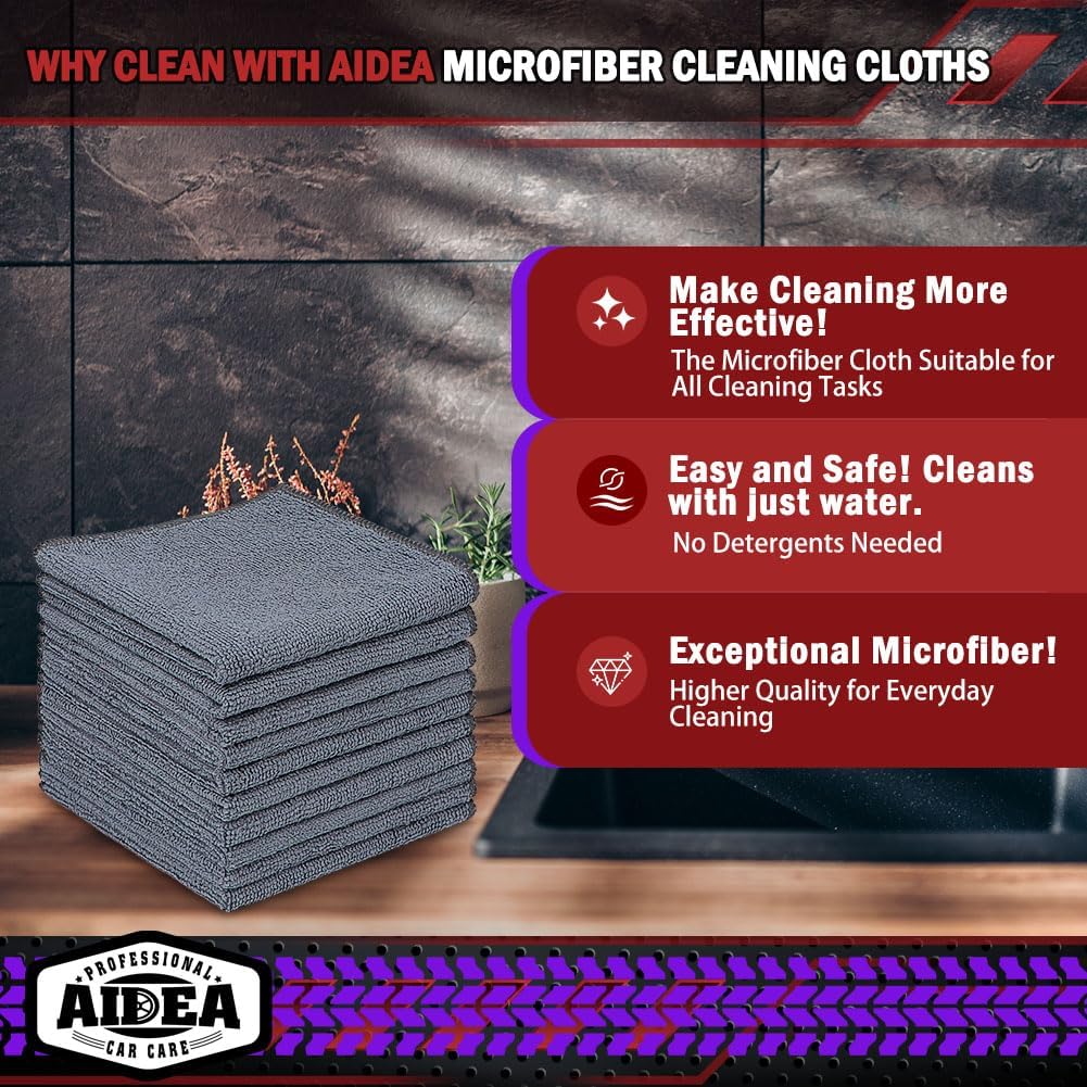 AIDEA Microfiber Cleaning Cloth, 50PK, Microfiber Towels for Cars, Premium Wash Cloths, Dusting Cloth Cleaning Rags, Absorbent Towels for SUVs, House, Kitchen, Window, Cleaning Supplies12×12"