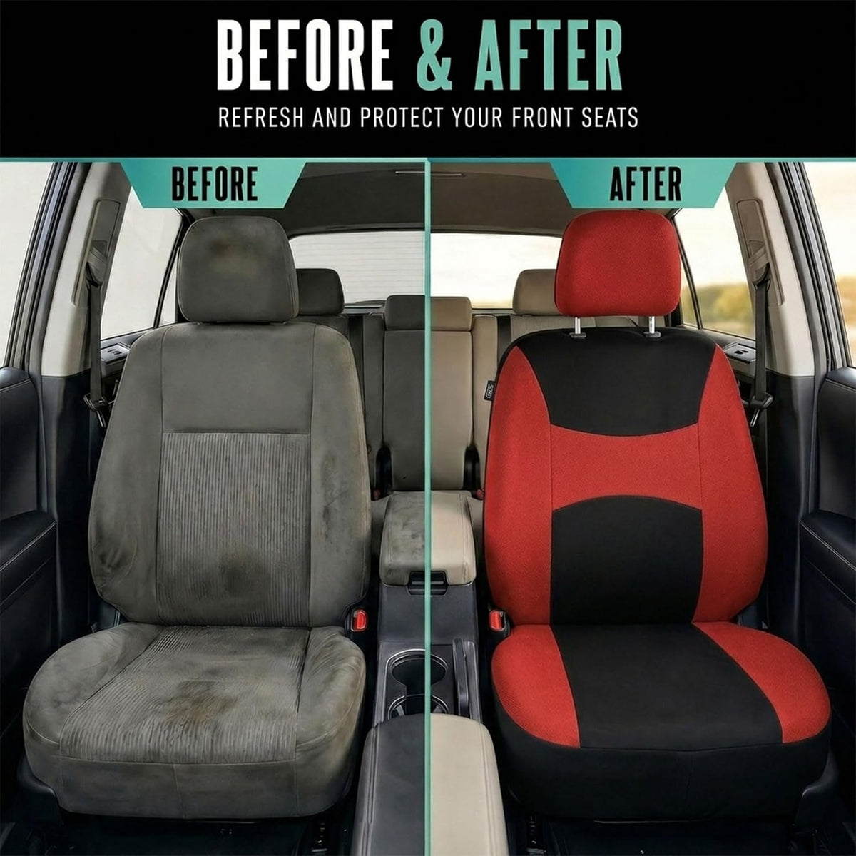 FH Group Full Set Cloth Car Seat Covers, Universal Fit Front and Split Bench Rear, Airbag Compatible, Washable for SUV, Sedan, Van - Black