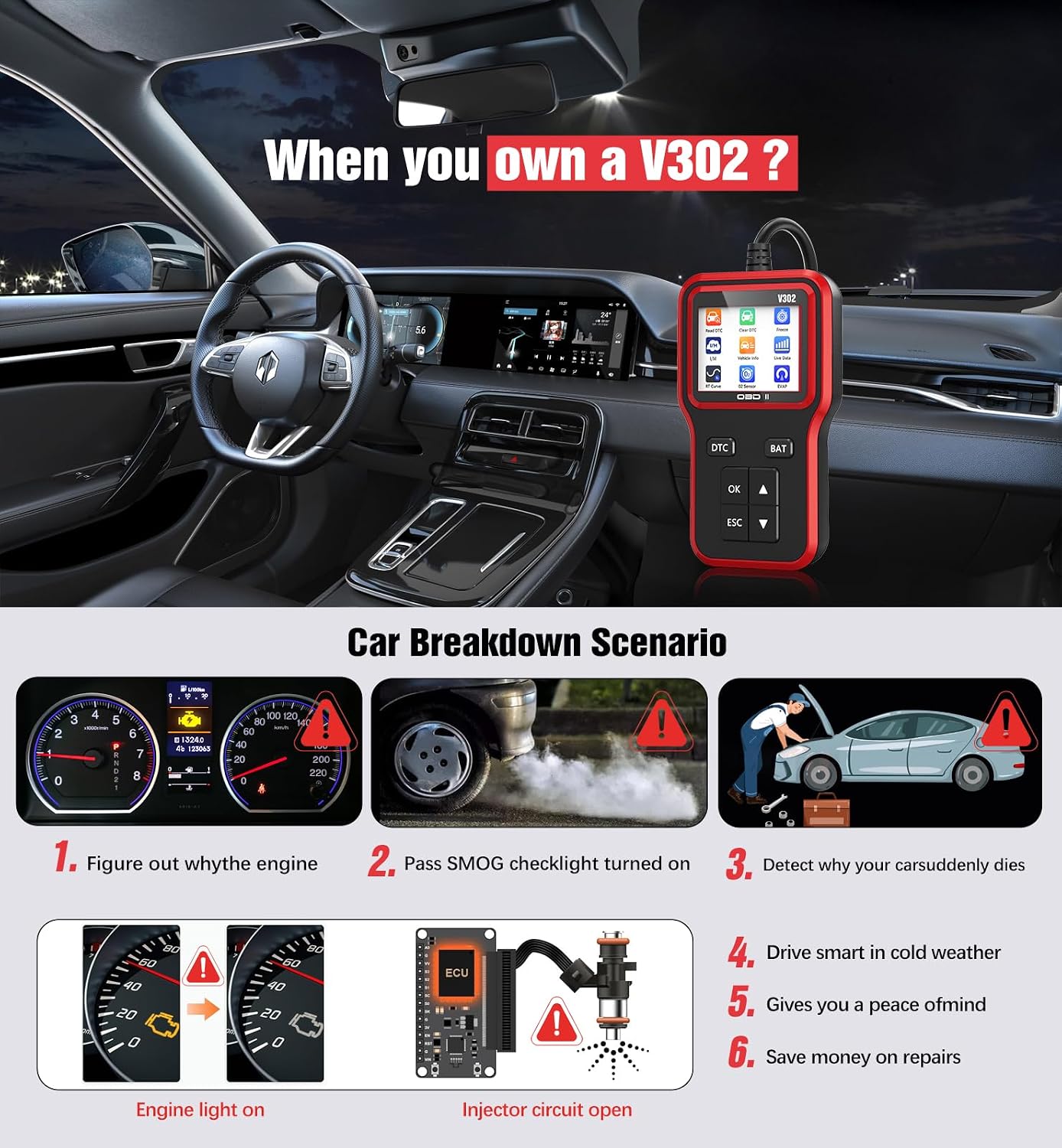 UMEIJA OBD2 Scanner with Upgrade Battery Tester - Diagnostic Tool for Cars That Check Engine Light & Emissions Readiness Read and Clears Vehicle Error Codes for All OBD II Protocol Vehicles Since 1996