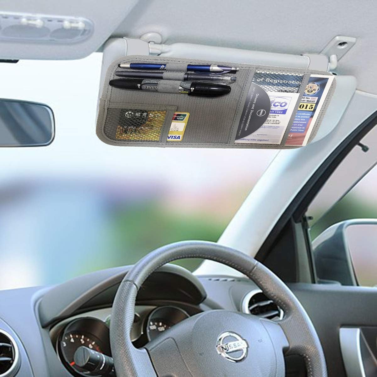 Car Sun Visor Organizer, Auto Visor Holder Interior Accessories Pocket Organizer - Car Registration Holder Document Storage Pouch Pen holder - Grey