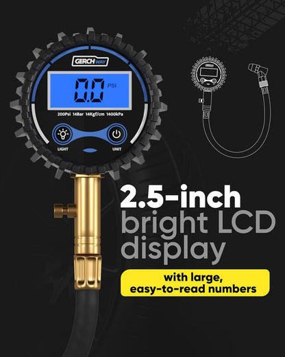 GERCHWAY Digital Tire Pressure Gauge for Cars - Accurate Air Pressure Gauge for Tires with 360° Swivel Chuck - 200 PSI
