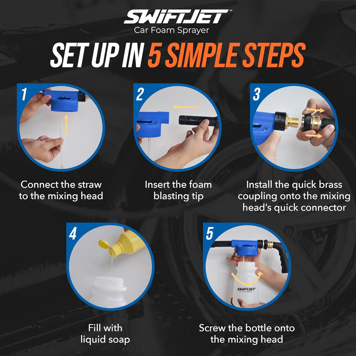 SwiftJet Car Wash Foam Gun + Microfiber Wash Mitt - Foam Cannon Works with Any Soap - Garden Hose Car Foam Sprayer - Car Wash Kit - Car Accessories Foam Blaster (Orange Foam Gun with Mitt)