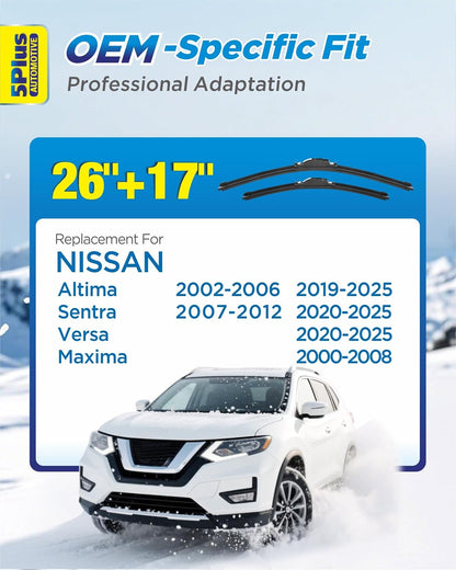 5 PLUS 26"+17" Windshield Wipers Blade Replacement for Nissan 02-06 19-24 Altima/07-12 20-24 Sentra/20-24 Versa Wiper Blades-Front All-Weather Wiper Blades Exact fit J-Hook Type (Pack Of 2)