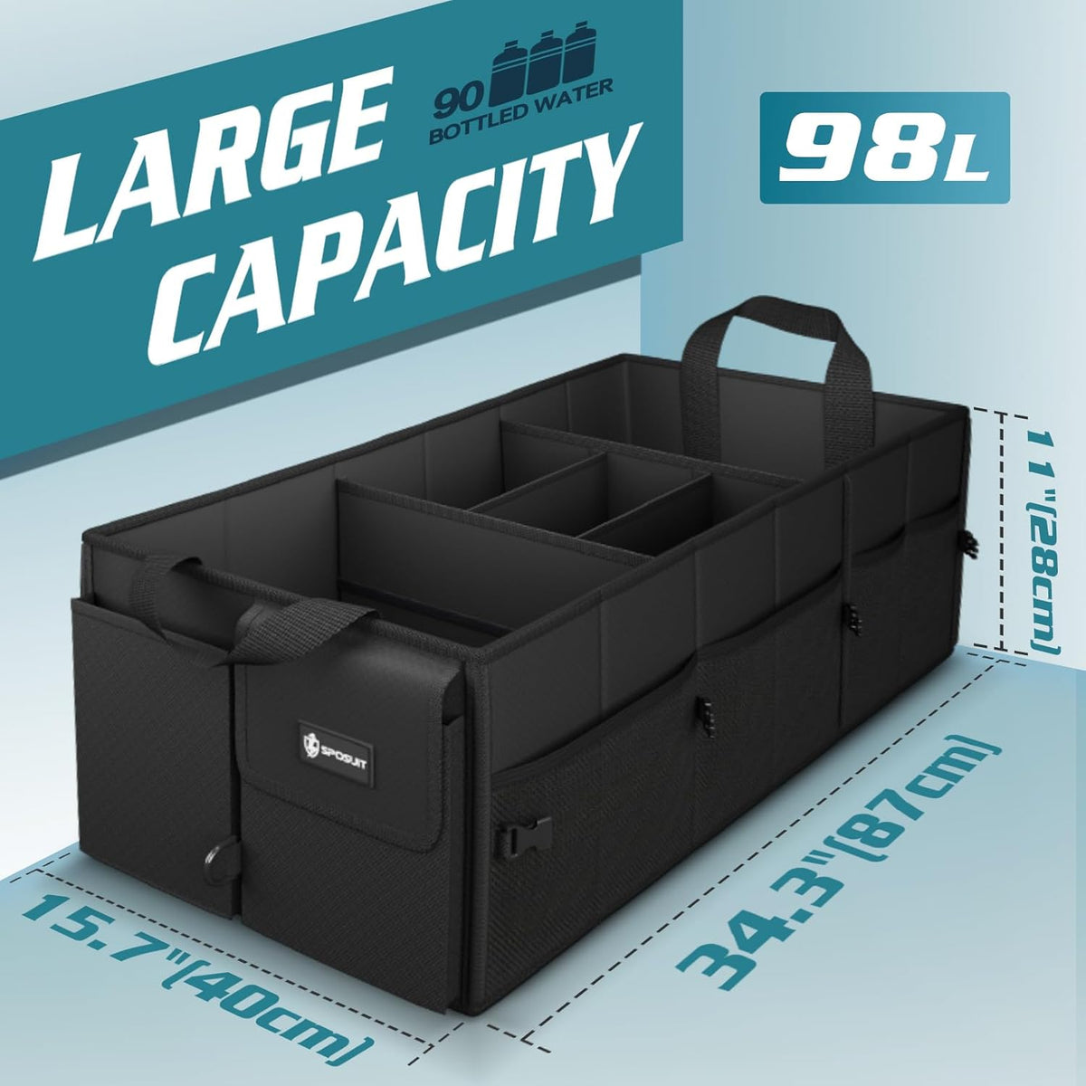 Sposuit Trunk Organizer for Car - 70L Collapsible Car Storage with 11 Pockets & Reinforced Handles, SUV Trunk Organizers for Grocery Cargo(Black)