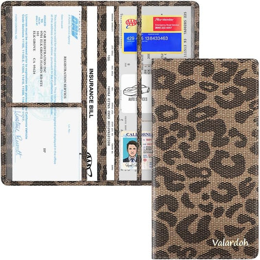 Valardoh Premium Car Registration and Insurance Card Holder, Car Document Holder for Cards, Driver License & other Essential Documents (Large, Leopard)