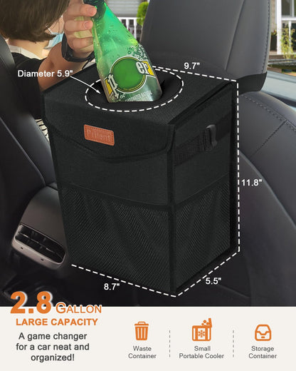 Pritent Car Trash Can with Lid, Cute Leakproof Car Trash Garbage Bag Hanging Vehicle Trash Bin Small Portable Automotive Garbage Cans Organizer for Back/Front Seat/Console(Trapezoid,Black)