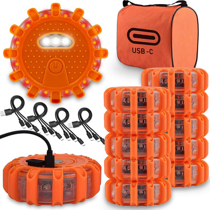 Ecoangel USB Rechargeable LED Road Flares Emergency Lights-Roadside Warning Car Safety Beacon Flashing Disc Flare Kit with Magnetic Base for Vehicles & Boat | 3 Beacon Disc Pack