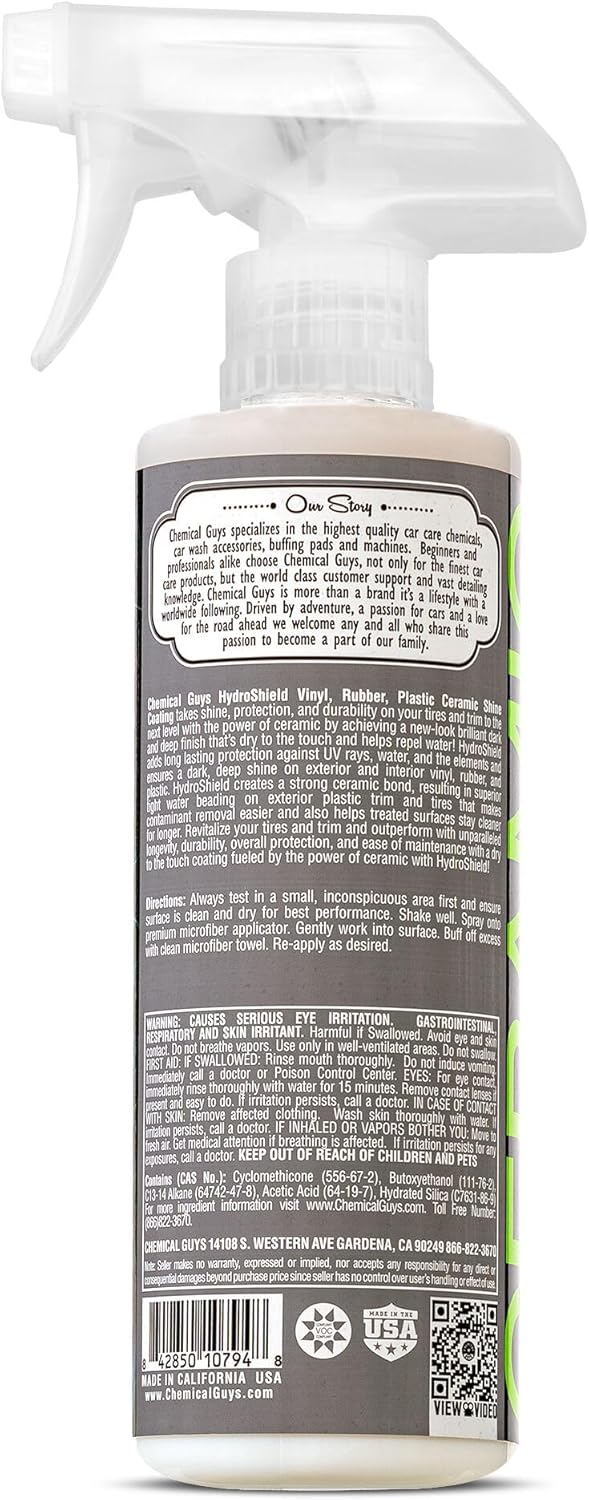 Chemical Guys HydroShield Vinyl, Rubber & Plastic Ceramic Shine Coating - Plastic Restorer for Interior & Exterior Trim, Tires & Trim - Restores Shine, Safe for Cars, Trucks & RVs, 16 fl oz