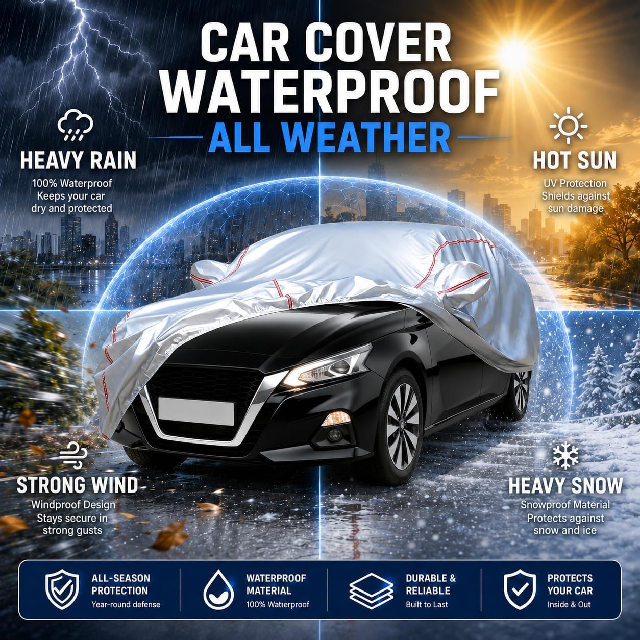 Car Cover for Sedan, Waterproof All Weather Heavy Duty, 360° Underbody Wrap Windproof Design, Quick Install Outdoor Vehicle Cover, Fits 186-193 in