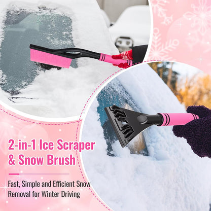 Lasnten 24'' Snow Brush and Ice Scraper for Car Windshield, 2 in 1 Detachable Snow Scraper with Soft Grip Handle and Additional Handhold, Multi-Functional Removal Tool for Car, Truck, SUV(Pink)