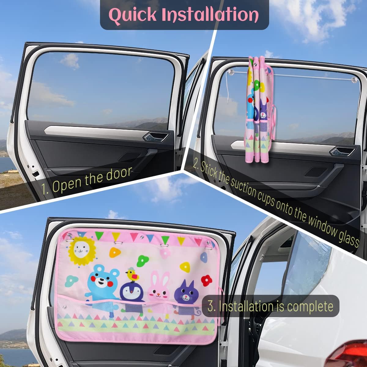 Car Sun Shade Side Window, 2 Pcs Blackout Car Window Shade for Baby Privacy with Storage Net Pockets Auto Curtains 7 Suction Cups for Heat/UV Protection Sun Block Covers