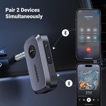 UGREEN Bluetooth 5.4 Car Adapter, Hands-Free Call & Noise Cancelling AUX to Bluetooth Adapter for Car, 3.5mm Audio Blue-Tooth Receiver for Cars Stereo Home Speaker - 15H Battery Life
