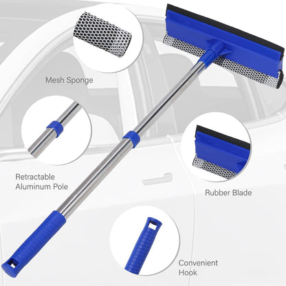 2-in-1 Car Windshield Squeegee and Sponge Scrubber for Cleaning and Washing, Rubber Blade Cleaner with Handle, Retractable car Wipers Suitable for All Vehicles, Blue