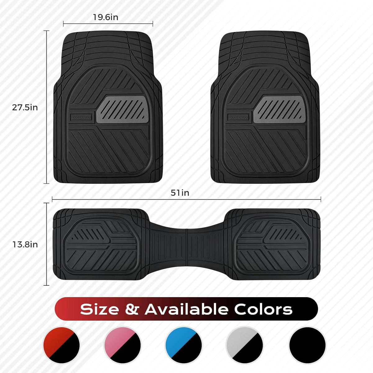 Coverado Car Floor Mats All Weather Waterproof Deep Dish Anti-Slip Car Mats Set, Heavy Duty Rubber Floor Mats for Cars, Universal Trim to Fit Automotive Floor Mats for Cars Trucks SUV, Black&Red