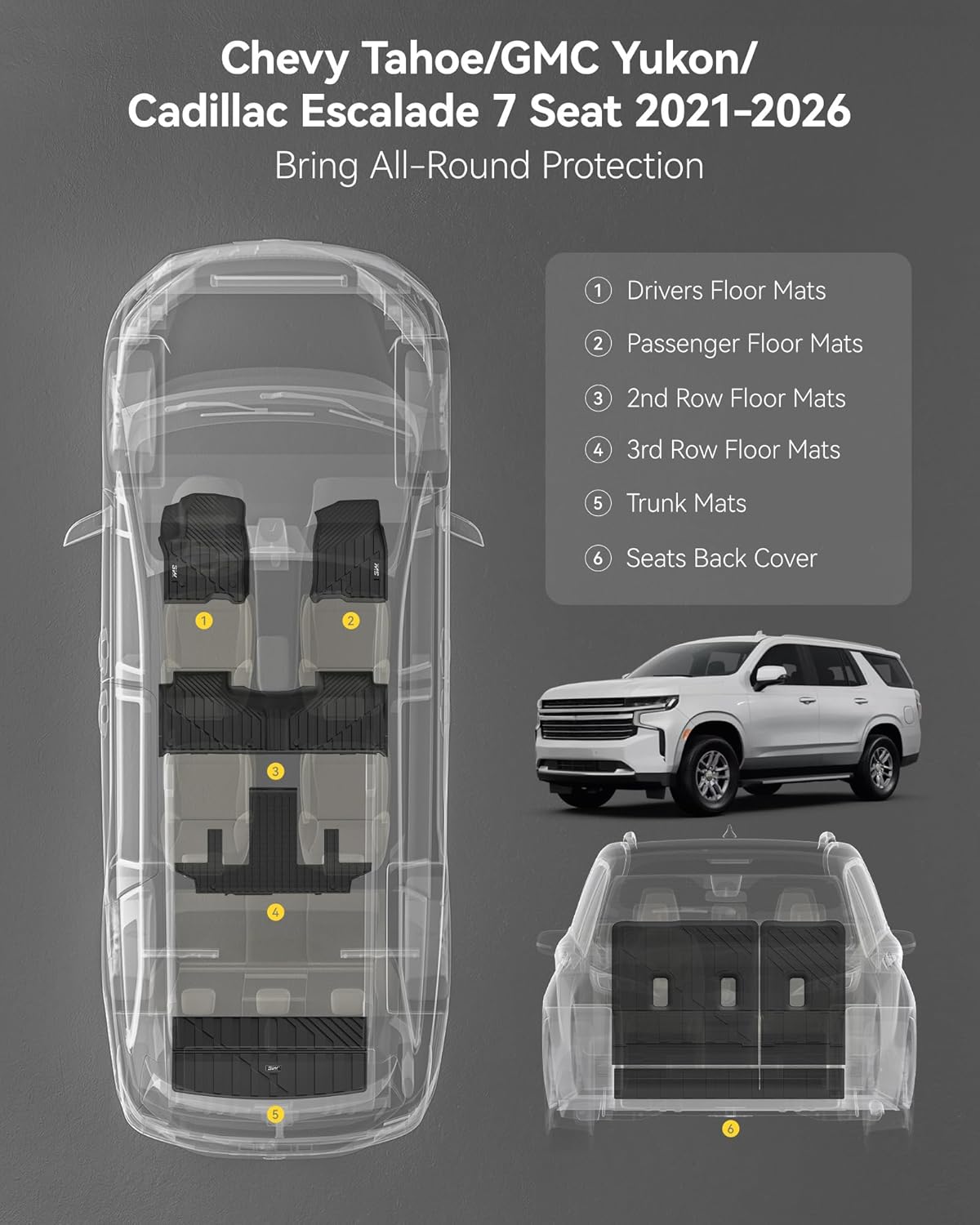 3W Floor Mats & Cargo Liner Fit for 2021 2022 2023 2024 2025 2026 Chevy Tahoe/GMC Yukon/Cadillac Escalade 7 Seat, TPE All Weather Custom Fit Car Accessories Heavy Duty Rubber Full Set Trunk Mats - Colors B