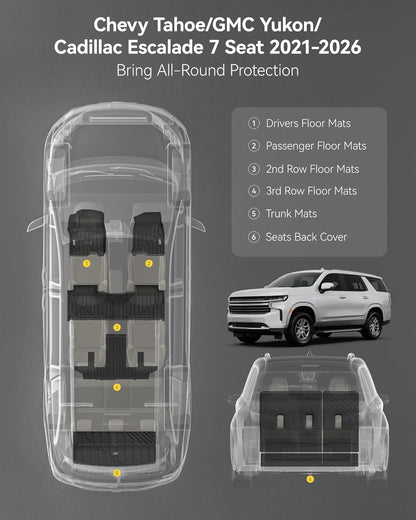 3W Floor Mats & Cargo Liner Fit for 2021 2022 2023 2024 2025 2026 Chevy Tahoe/GMC Yukon/Cadillac Escalade 7 Seat, TPE All Weather Custom Fit Car Accessories Heavy Duty Rubber Full Set Trunk Mats - Colors B