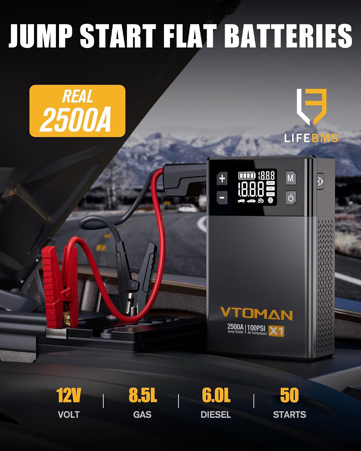 VTOMAN X1 Jump Starter with Air Compressor, Car Battery Jumper Starter (Up to 8.5L Gas/6L Diesel Engine) with 150PSI Auto Tire Inflator, 12V Portable Booster Pack, Lithium Jump Box Charger-Black