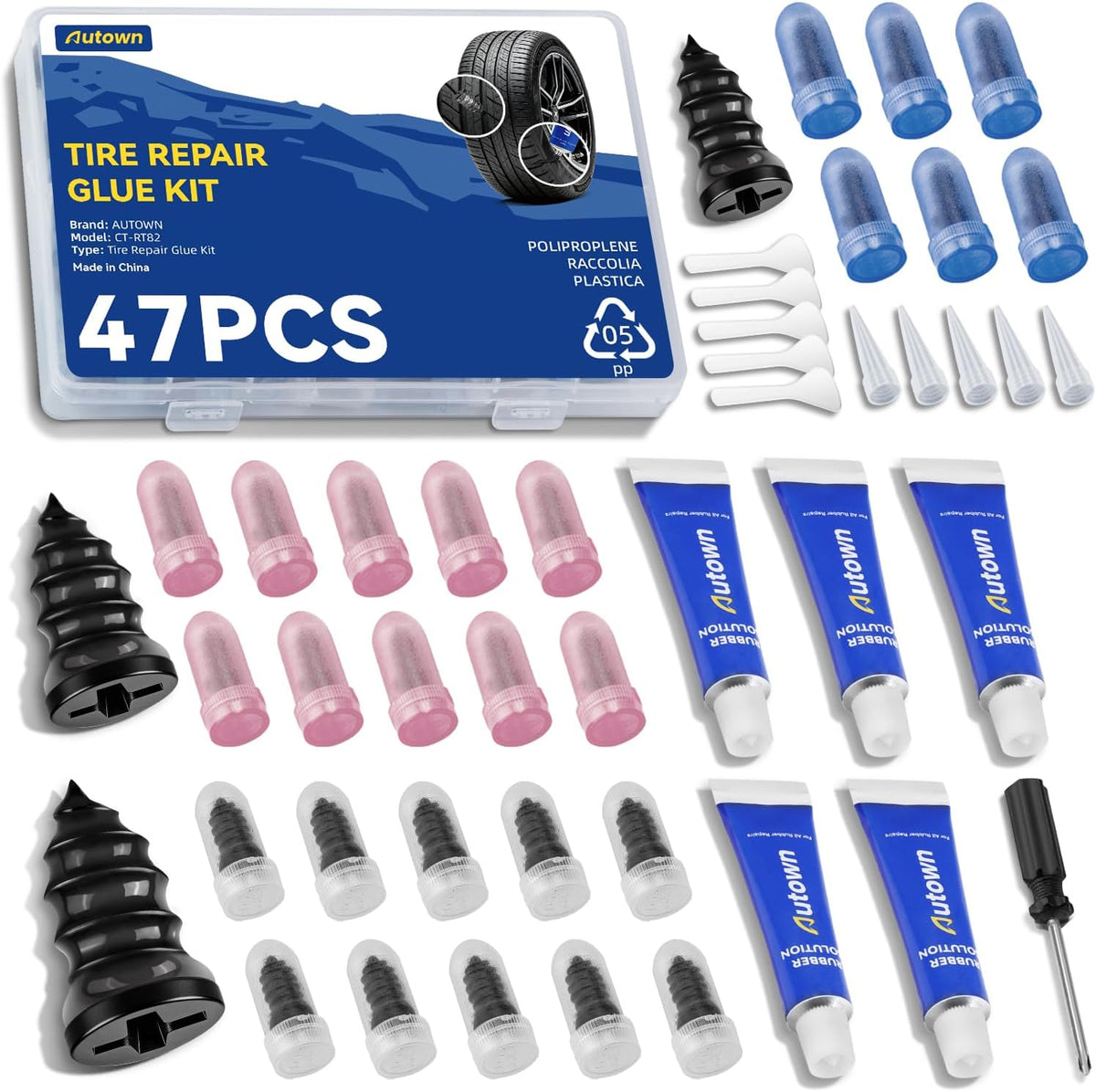 AUTOWN 21PCS Tire Repair Rubber Nail Kit - Complete Screw Plug Kit with Glue, Fast Fix for Flat Tires on Car, Truck, Motorcycle, SUV & More