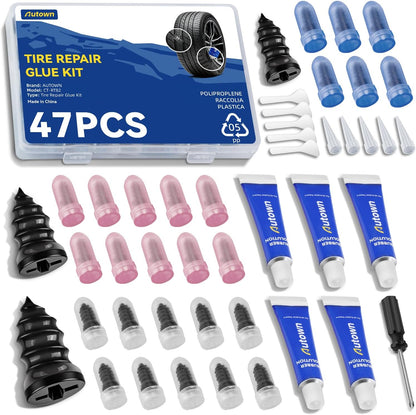 AUTOWN 21PCS Tire Repair Rubber Nail Kit - Complete Screw Plug Kit with Glue, Fast Fix for Flat Tires on Car, Truck, Motorcycle, SUV & More