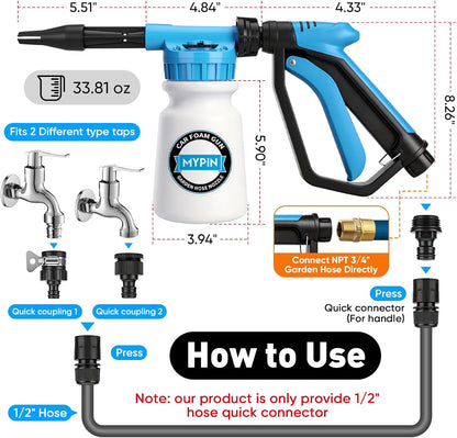 Car Wash Foam Gun/Hose Sprayer, 16 IN 1 Cannon, Adjustable with 2.5-6 Ratio Dial Foam Blaster, 1L Bottle, Nozzles, Mitten, 1/2” Quick Connector for Garden Hose, for Car/Garden Cleaning