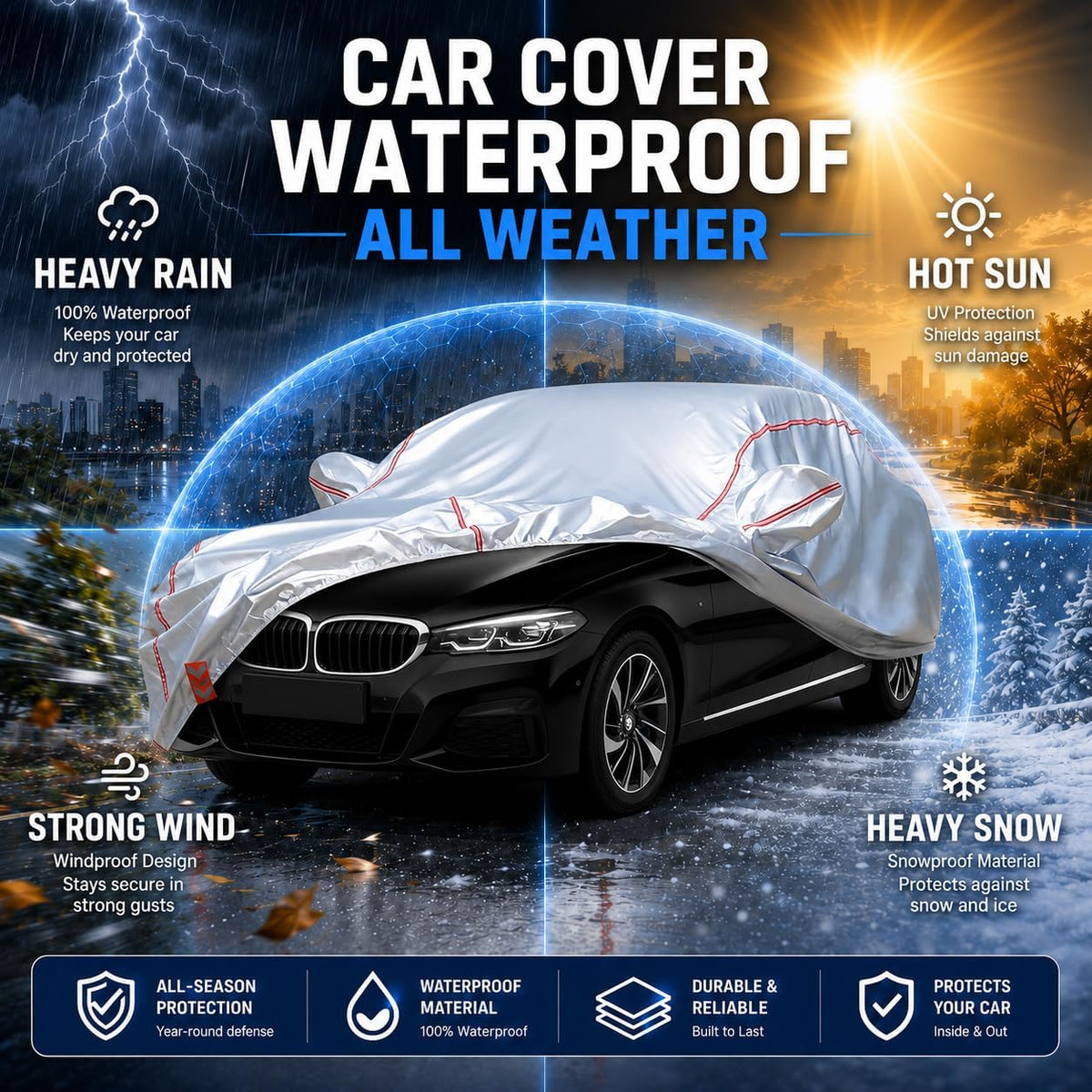 Car Cover for Sedan, Waterproof All Weather Heavy Duty, 360° Underbody Wrap Windproof Design, Quick Install Outdoor Vehicle Cover, Fits 186-193 in